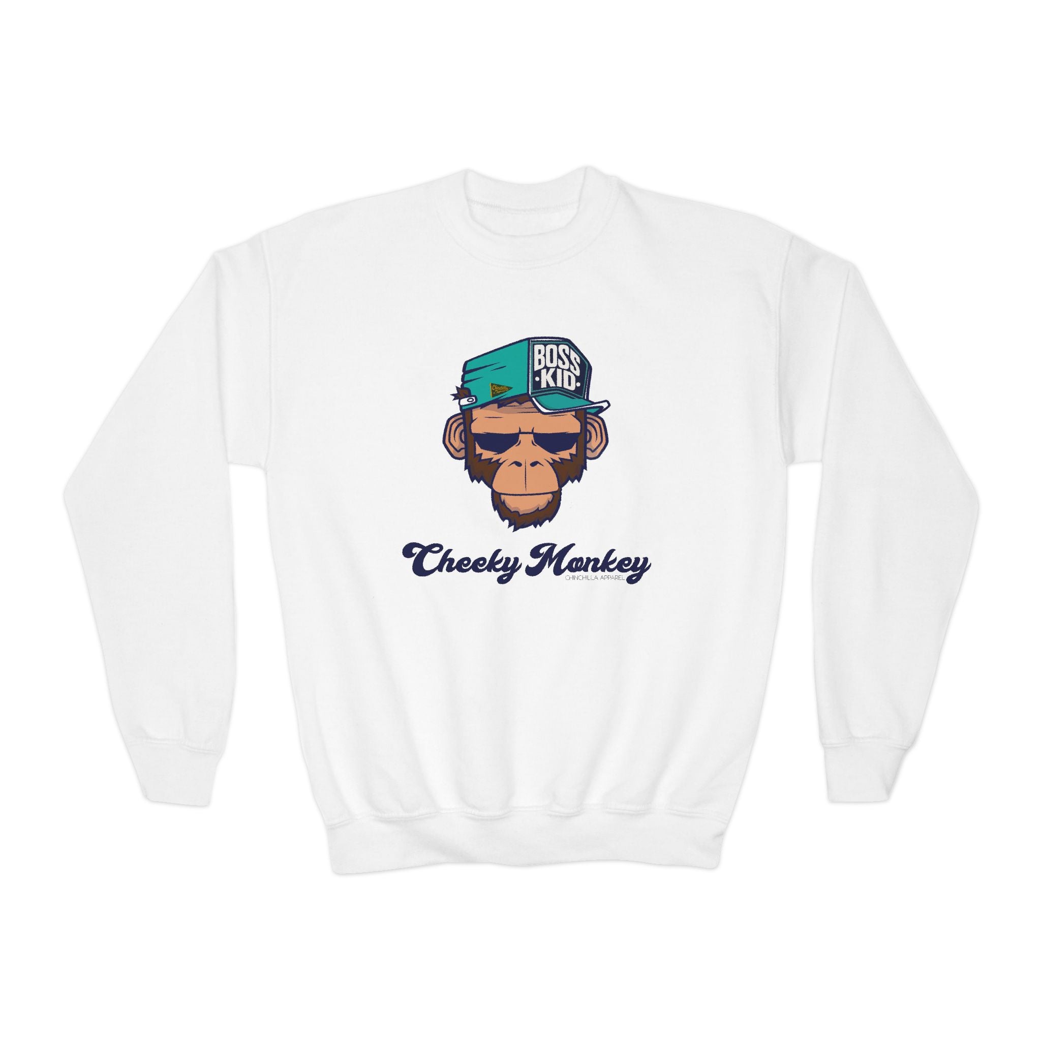 White sweatshirt with a graphic of a monkey wearing a cap and sunglasses, labeled 'Cheeky Monkey'.